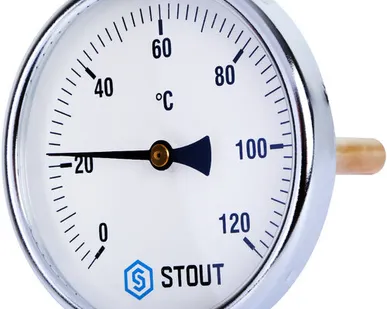 фото STOUT Термометр биметаллический с погружной гильзой. Корпус Dn 100 мм, гильза 100 мм 1/2, 0...120°С