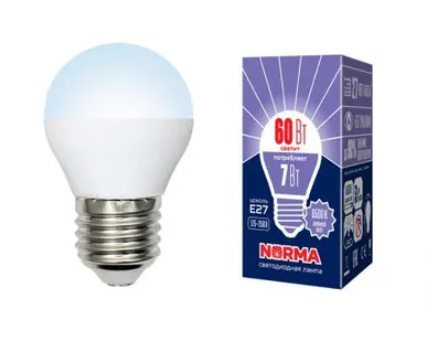 фото Лампа LED-G45-7W/DW/E27/FR/NR Лампа светодиодная. Форма "шар", матовая. Серия Norma. Дневной белый свет (6500K). Картон. ТМ Volpe