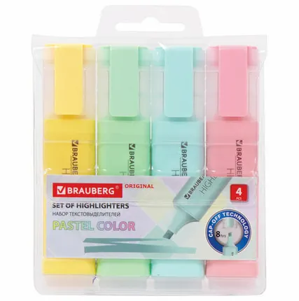 Фото №0 Набор текстовыделителей 4 ЦВЕТА, BRAUBERG "ORIGINAL PASTEL", линия письма 1-5 мм, 151697