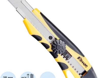 фото Нож канцелярский 18мм КОМУС мет.направл.ролик.фикс. цв.в ассорт.