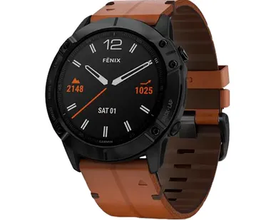 фото Часы Garmin Fenix 6X Sapphire черный DLC с каштановым кожаным ремешком