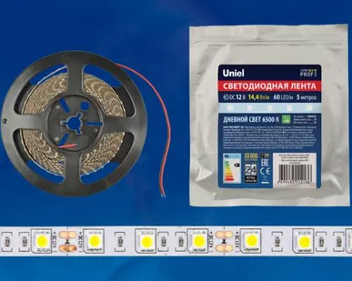 фото Светодиодная лента ULS-M25-5050-60LED/m-10mm-IP20-DC12V-14,4W/m-5M-6500K PROFI Гибкая светодиодная лента на самоклеящейся основе. Катушка 5м. в герметичной упаковке. Дневной свет (6500K). ТМ Uniel.