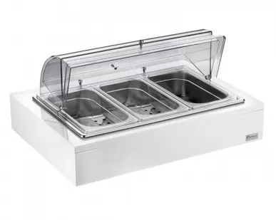 фото Мармит настольный (чефиндиш) GN1/1 с крышкой Roll Top c 3мя GN1/3 п/к на дерев.подставке, цвет белый