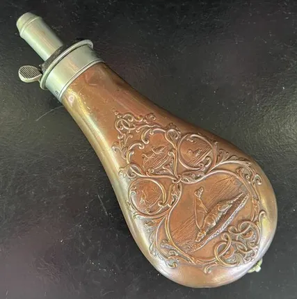 Фото №0 Фляга пороховница старинная 20 см медь латунь