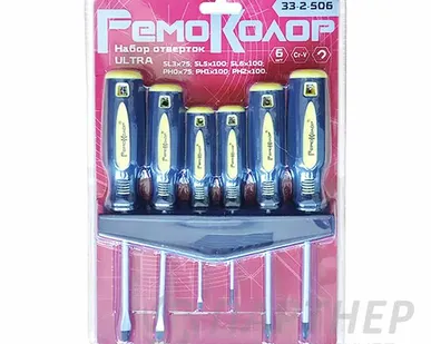 фото Набор отверток Ремоколор Ultra, 6 пр., SL3х75; SL5х100; SL6х100; PH0х75мм; PH1х100мм; PH2х100мм