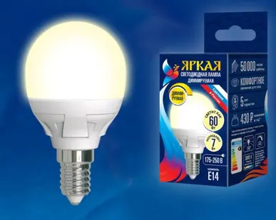 фото Лампа LED-G45 7W/3000K/E14/FR/DIM PLP01WH Лампа светодиодная, диммируемая. Форма «шар», матовая. Серия Яркая. Теплый белый свет (3000K). Картон. ТМ Uniel.