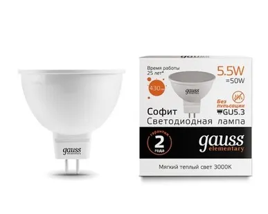 фото Светодиодная лампа Gauss Софит 5,5W 430Lm 3000K GU5.3 13516