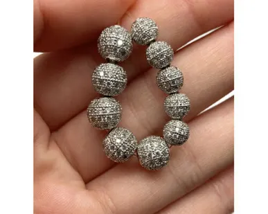 фото Бусина со стразами (цирконами), латунь, цвет родий (серебро), 10 мм арт. 13783