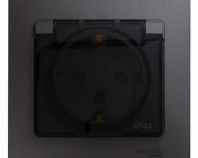 фото Розетка 1-м СП Glossa 16А IP44 250В с заземл. защ. шторки с крышкой в сборе графит SchE GSL001348