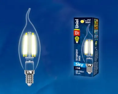 фото Лампа LED-CW35-13W/3000K/E14/CL PLS02WH Лампа светодиодная. Форма "свеча на ветру", прозрачная. Серия Sky. Теплый белый свет (3000К). Картон. ТМ Uniel.