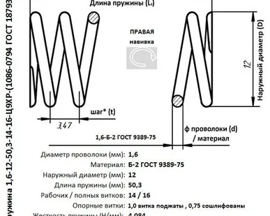 фото Пружина 1,6-12-50,3-14-16-Ц9ХР-(1086-0794 ГОСТ 18793-80)