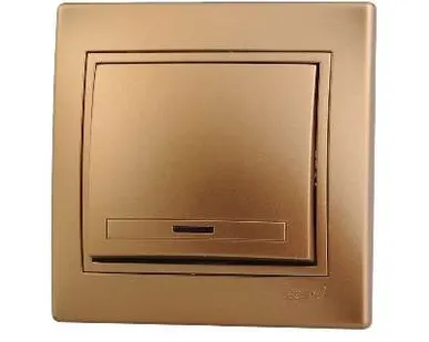 фото Выключатель 1-кл. СП Мира 10А IP20 с подсветкой со вставкой зол. метал. LEZARD 701-1313-111