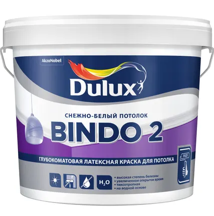 Фото №0 DULUX BINDO 2 КРАСКА В/Д ДЛЯ ПОТОЛКОВ ГЛУБОКОМАТОВАЯ СНЕЖНО-БЕЛАЯ Дулюкс