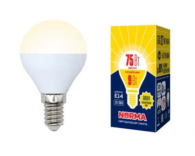 фото Лампа LED-G45-9W/WW/E14/FR/NR Лампа светодиодная. Форма "шар", матовая. Серия Norma. Теплый белый свет (3000K). Картон. ТМ Volpe