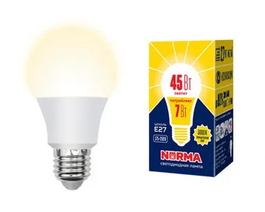 фото Лампа LED-A60-7W/3000K/E27/FR/NR Лампа светодиодная. Форма "A", матовая. Серия Norma. Теплый белый свет (3000K). Картон. ТМ Volpe