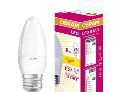 фото Лампа светодиодная LED STAR CLASSIC B 75 8W/830 8Вт свеча 3000К тепл. бел. E27 806лм 220-240В матов. пласт. OSRAM 4058075210745