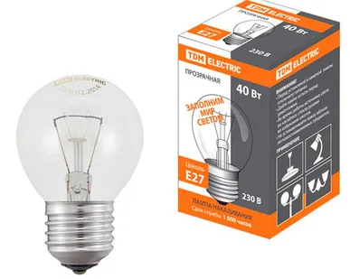 фото Лампа накаливания TDM Е27 40W 230V Шар прозрачный, SQ0332-0002