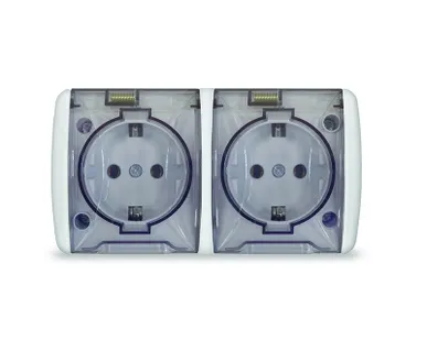 фото Розетка двухместная с прозрачной крышкой Клио белая UNIVersal K2232 (c заземлением)