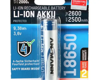 фото Аккумулятор 18650 Ansmann Li-Ion / 3,6 В / 2600 мА·ч с защитой