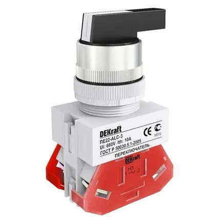 Фото №0 Переключатель 3 положения правое и левое б/фиксации I-O-II удлиненная ручка 2НО DEKraft черный (25147DEK)