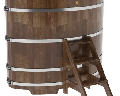 фото Купель для бани из сращенной лиственницы овальная 1,02х1,68 (мореная, Н = 1,4 м)