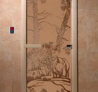 фото Дверь "Мишки" (бронза матовое) 190х70, 8 мм, 3 петли, коробка ольха. Банный Эксперт