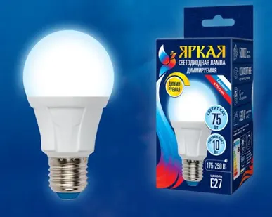 фото Лампа LED-A60 10W/6500K/E27/FR/DIM PLP01WH Лампа светодиодная, диммируемая. Форма «А», матовая. Серия Яркая. Дневной свет (6500K). Картон. ТМ Uniel.
