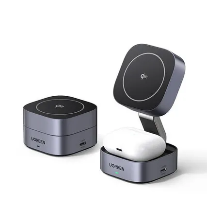 Фото №0 Зарядное устройство магнитное беспроводное 2-в-1 UGREEN W702 (35316) для Iphone/AirPods 15WQi2 Цвет: серый космос