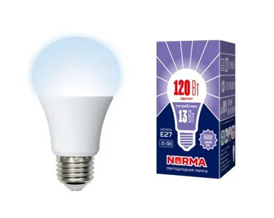 фото Лампа LED-A60-13W/DW/E27/FR/NR Лампа светодиодная. Форма "A", матовая. Серия Norma. Дневной белый свет (6500K). Картон. ТМ Volpe