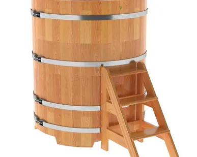 фото Купель для бани из сращенной лиственницы круглая D = 1,17 м (натуральная, Н = 1,4 м)