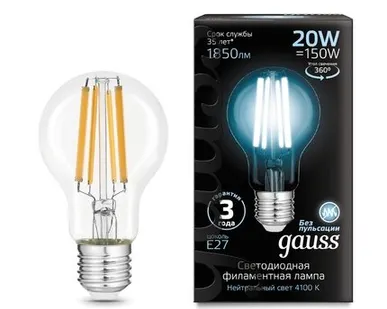 фото Светодиодная филаментная лампа Gauss A60 20W 1850Lm 4100K E27 102902220