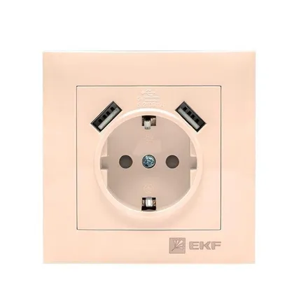 Фото №0 Розетка 1-м СП Валенсия 16А IP20 с заземл. защ. шторки с 2-мя заряд. устройствами USB 2.1А крем. PROxima EKF EWR16-028-20-2USB