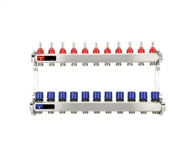 фото Коллекторная группа Varmega из нержавеющей стали 1" на 11 контуров с расходомерами