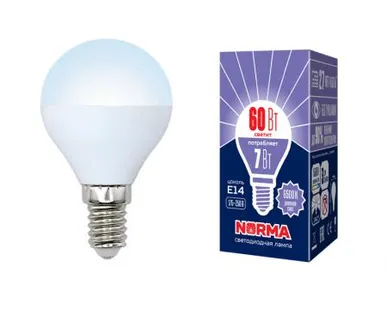 фото Лампа LED-G45-7W/DW/E14/FR/NR Лампа светодиодная. Форма "шар", матовая. Серия Norma. Дневной белый свет (6500K). Картон. ТМ Volpe