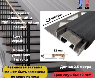 фото Противоскользящий закладной алюминиевый профиль для ступеней ALPBM 32 мм c серой резиновой вставкой, длина 2.5 метра, 1 штука