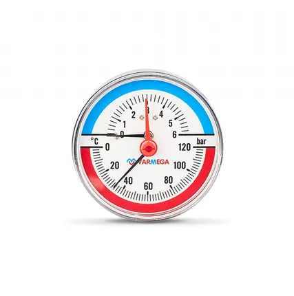 Фото №0 Термоманометр аксиальный 6 бар Varmega 1/2" н.р., Ø корпуса=80 мм, t=0...120°С