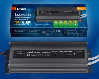 фото Блок питания UET-VAL-150A67 Блок питания для светодиодов с защитой от короткого замыкания и перегрузок, алюминиевый корпус, 150Вт, 12В, IP67, 2 выходных канала