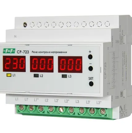 Фото №0 Реле контроля напряжения CP-723 (трехфазное; два режима работы - три однофазных реле или трехфазное реле напряжения; монтаж на DIN-рейке; 100…450 AC 3NO 3х63А) F&F EA04.009.015