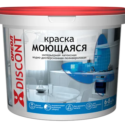 Фото №0 Краска "ОРЕОЛ" интерьерная моющаяся В/Д полиакрил. белая матовая "ДИСКОНТ"