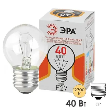 Фото №0 Лампа накаливания шарик ЭРА ДШ (P45) 40W 230V E27 (5056183786717) (ЛОН) (Б0039137)