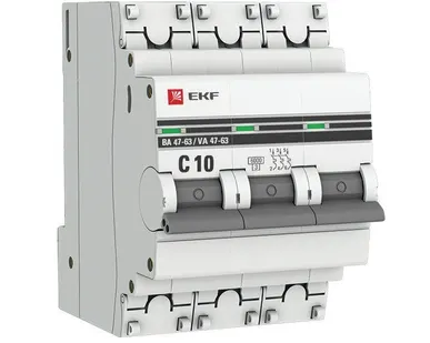 фото Выключатель автоматический модульный 3п C 10А 6кА ВА 47-63 PROxima EKF mcb4763-6-3-10C-pro