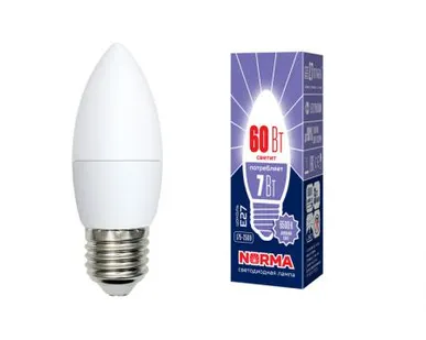 фото Лампа LED-C37-7W/DW/E27/FR/NR Лампа светодиодная. Форма "свеча", матовая. Серия Norma. Дневной белый свет (6500K). Картон. ТМ Volpe