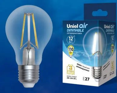 фото Лампа LED-A60-12W/4000K/E27/CL/DIM GLA01TR Лампа светодиодная диммируемая. Форма "А", прозрачная. Серия Air. Белый свет (4000K). Картон. ТМ Uniel.