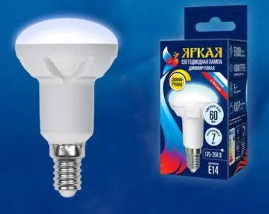 фото Лампа LED-R50 7W/4000K/E14/FR/DIM PLP01WH Лампа светодиодная, диммируемая. Форма "Рефлектор", матовая. Серия Яркая. Белый свет (4000K). Картон. ТМ Uniel.