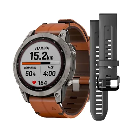 Фото №0 Часы Garmin Fenix 7 Sapphire Solar титановый серый с коричневым кожаным ремешком