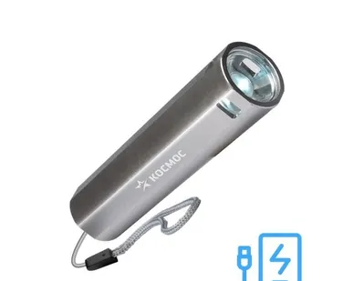 фото Фонарь аккумуляторный ручной LED 1Вт линза аккум. Li-ion 18650 1.2А.ч Power-bank USB-шнур ABS-пластик КОСМОС KOS116Lit