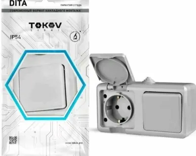 фото Блок ОП розетка 16А 250В с заземл.+1-кл. выкл. 10А IP54 сер. TOKOV