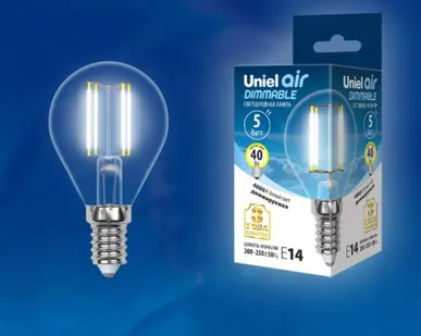 фото Лампа LED-G45-5W/NW/E14/CL/DIM GLA01TR Лампа светодиодная диммируемая. Форма "шар", прозрачная. Серия Air. Белый свет (4000K). Картон. ТМ Uniel