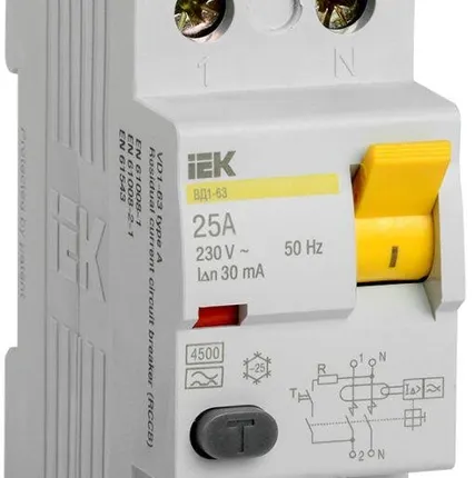 Фото №0 Выключатель дифференциального тока (УЗО) 2п 25А 30мА тип A ВД1-63 IEK MDV11-2-025-030