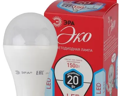 фото Лампа светодиодная ECO A65-20W-840-E27 (диод груша 20Вт нейтр E27) (10/100/1200) ЭРА Б0031710